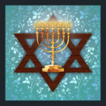 Star von David Gold Menorah auf Aquamarinen Weinke Poster<br><div class="desc">Zeichnen Sie diesen atemberaubenden Kunstdruck und geben Sie ihn als Geschenk an Neuvermählte,  eine Bar mitzvah oder einen geliebten. Der Magen David (Stern von David) wird mit einer goldenen Menorah auf einem riesenreichen Hintergrund von aquamarinen Weinreben präsentiert.</div>