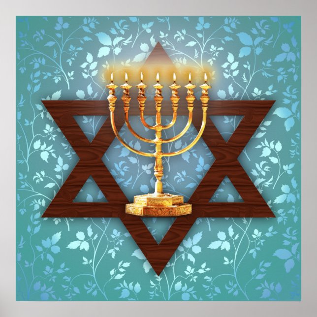 Star von David Gold Menorah auf Aquamarinen Weinke Poster (Vorne)