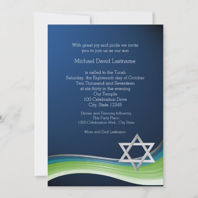 Star von David Green und Blue Gradient Bar Mitzvah Einladung (Vorderseite)