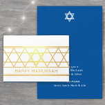 Star von David Happy Hanukkah Techelet Blue Modern Folienkarte<br><div class="desc">Schicken Sie elegante Happy Hanukkah Wünsche mit einer modernen, benutzerdefinierten Foto gefaltete Karte. Alle Formulierungen auf dieser Vorlage sind einfach zu personalisieren. Die Techelet Blau, Weiß und Gold-Folie zeichnet sich durch einen geometrischen Stern von David Design und minimalistische Vintage Deko Typografie aus. Liebe und Familie werden diese stilvolle, individuelle Urlaubskarte...</div>