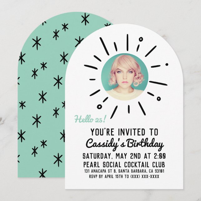 STARBURST | Custom Simple & Chic Photo Birthday Einladung (Vorne/Hinten)