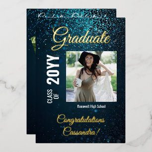Stardust Blue Modern Square Foto Graduation Party Folieneinladung