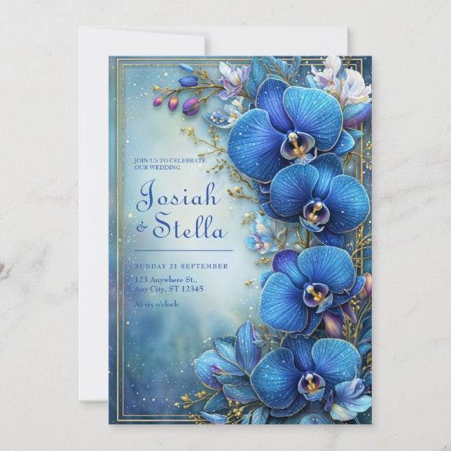 Stardust Cobalt Gilded Orchid Botanical Wedding Einladung (Vorderseite)