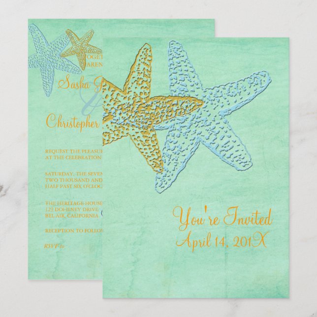 STARFISCH/BLAU/GOLD/STRANDWÄSCHE EINLADUNG (Vorne/Hinten)