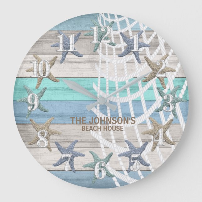 Starfish and Beach Wood Nautical - Blue Aquamarin Große Wanduhr (Vorderseite)
