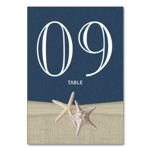Starfish and Burlap Navy Blue Tischnummer Card