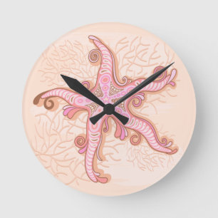 Starfish and Coral Pink Pastel Pattern Runde Wanduhr