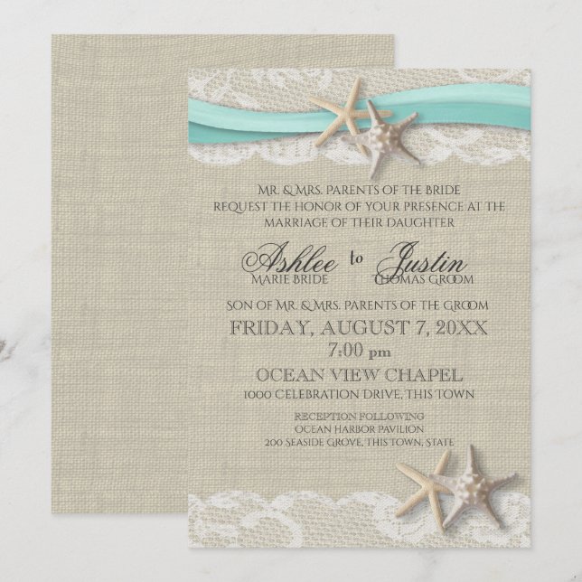 Starfish and Lace Rustic Beach Aqua Wedding Einladung (Vorne/Hinten)