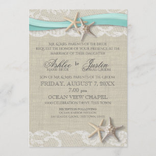 Starfish and Lace Rustic Beach Aqua Wedding Einladung