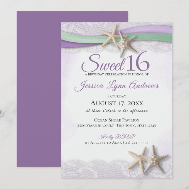 Starfish and Lace Sweet 16 Einladung (Vorne/Hinten)
