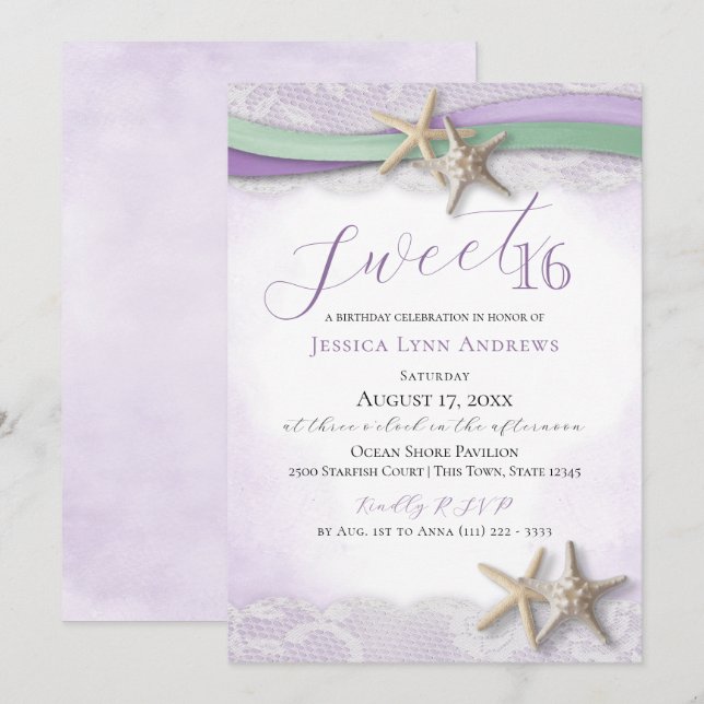 Starfish and Lace Sweet 16 Einladung (Vorne/Hinten)