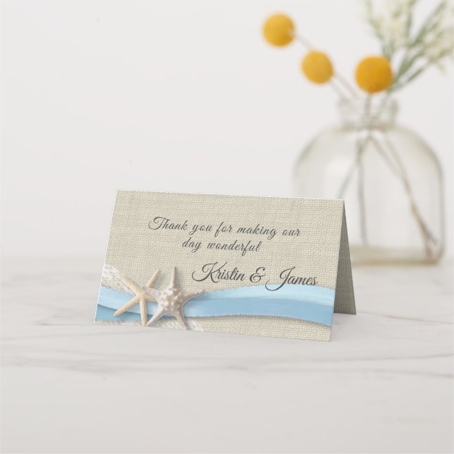 Starfish and Ribbon Light Blue Wedding Platzkarte (Vorderseite)