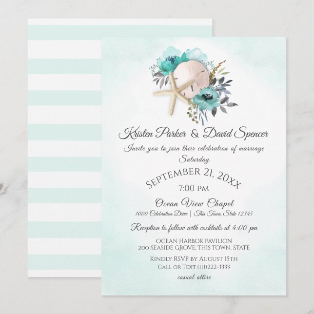 Starfish and Sand Dollar Floral Beach Wedi Invi Einladung (Vorne/Hinten)