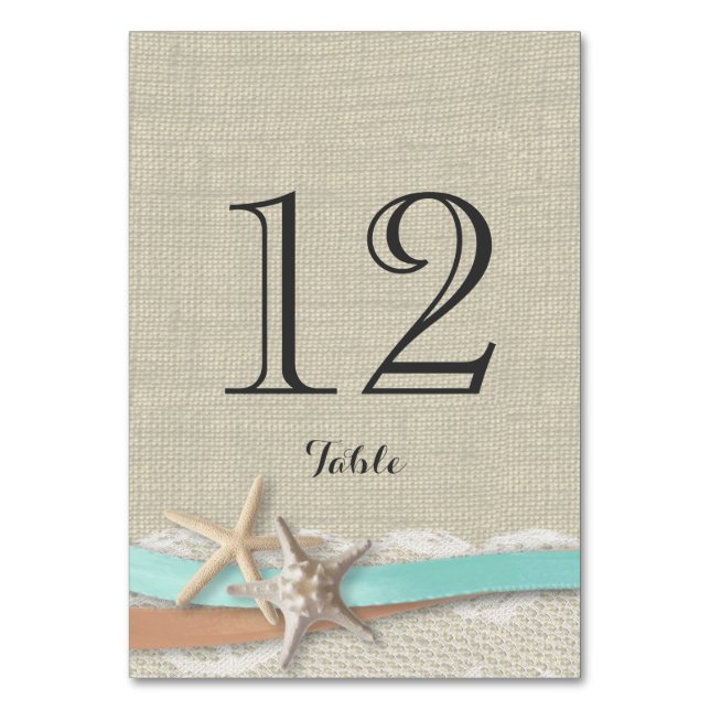 Starfish Aqua and Peach Ribbon Tischnummer Card (Vorderseite)