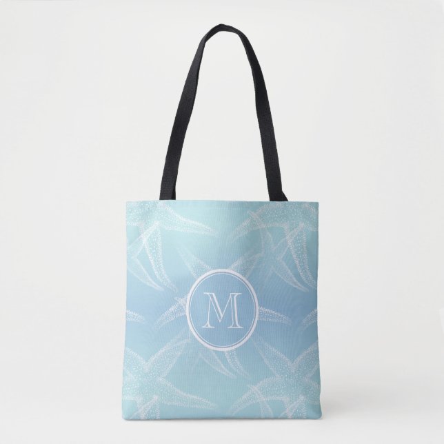 Starfish Aqua Blue Monogram Beach Tote Bag Tasche (Vorderseite)