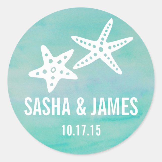 Starfish Aqua Personalisierte Hochzeitsticker Runder Aufkleber (Vorderseite)