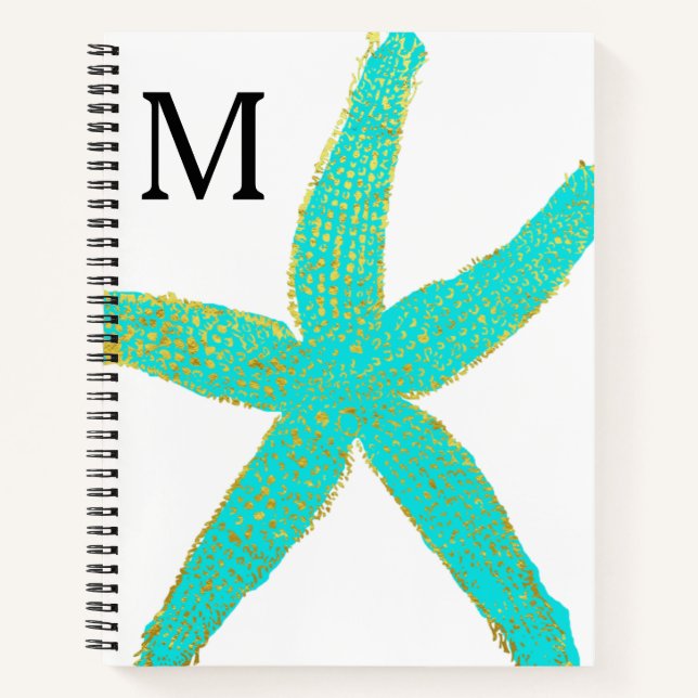 Starfish Aquamarin Blue Gold Foil Mit Monogramm An Notizbuch (Vorderseite)
