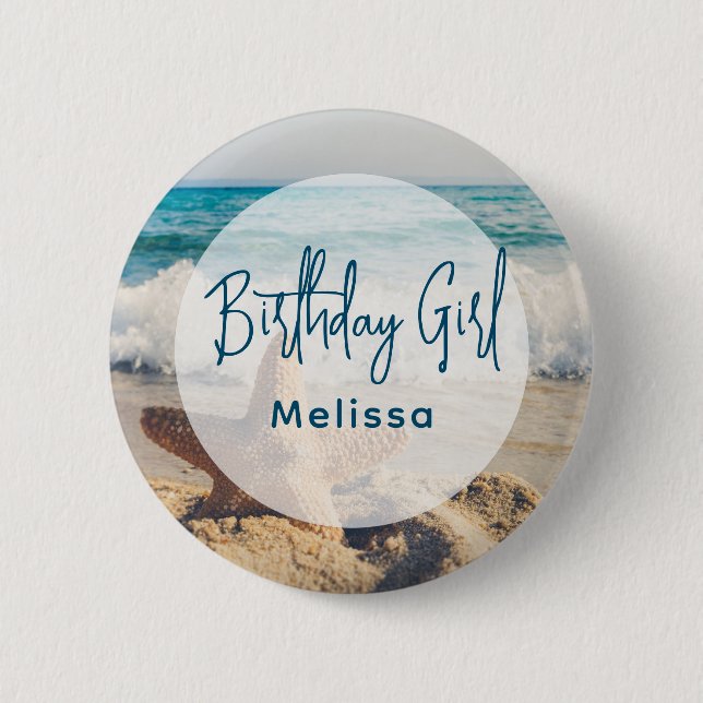 Starfish auf einem Sandy Beach Foto Birthday Girl Button (Vorderseite)