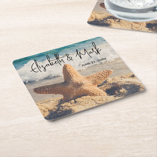 Starfish auf einer Hochzeit mit Sandy Beach Rechteckiger Pappuntersetzer (angewinkelt)