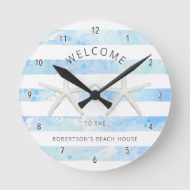 Starfish Beach Blue and White Modern Simple Stripe Runde Wanduhr