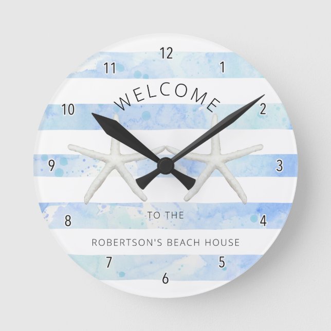 Starfish Beach Blue and White Modern Simple Stripe Runde Wanduhr (Vorderseite)