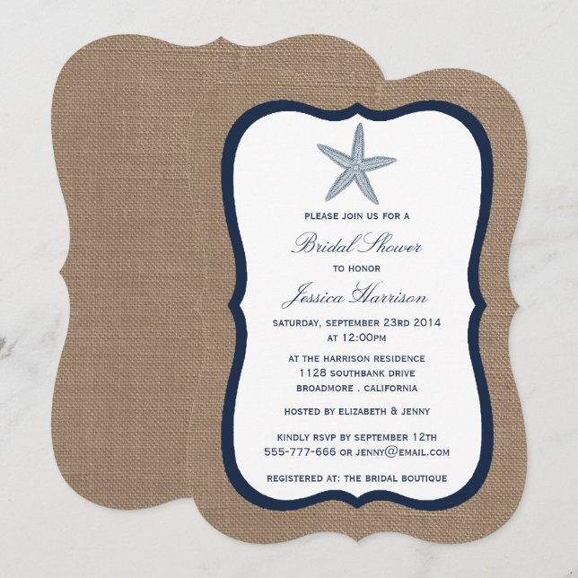 Starfish Beach Burlap-Brautparty Einladung (Vorne/Hinten)