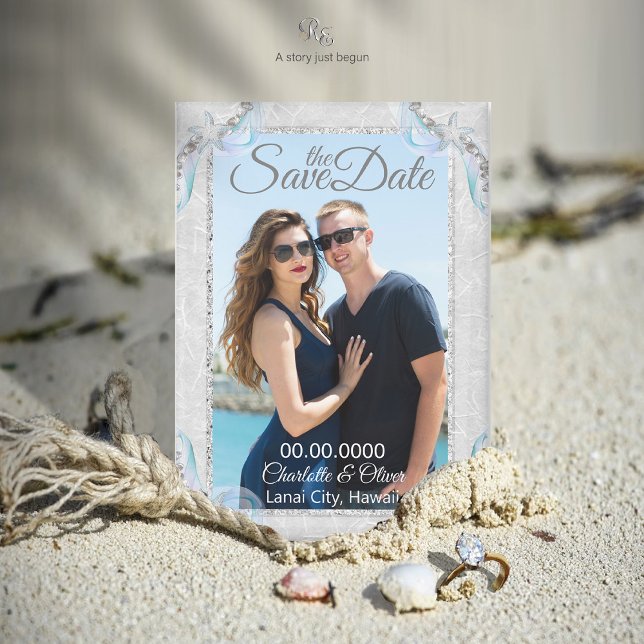 Starfish Beach Dream Wedding Foto Magnet (Wedding photo magnet styled with seashells, nautical rope, and diamond ring in the sand.)