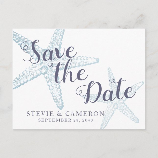 Starfish Beach Hochzeit Dusty Blue Save the Date Ankündigungspostkarte (Vorderseite)