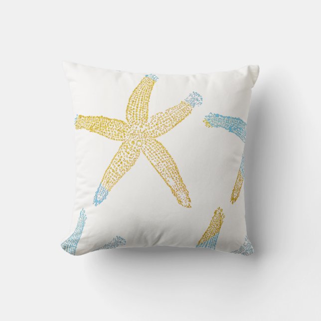 Starfish Beach Sky Blue Glittery Gold White Niedli Kissen (Vorderseite)