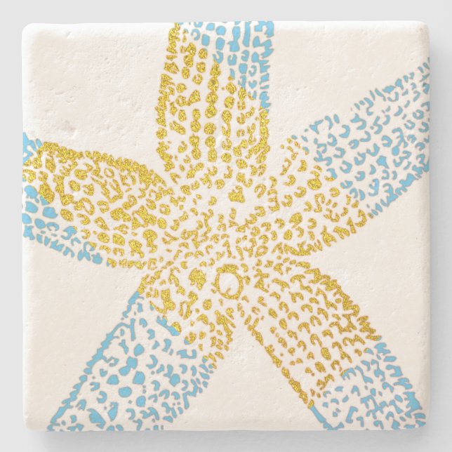 Starfish Beach Sky Blue Glittery Gold White Niedli Steinuntersetzer (Vorderseite)