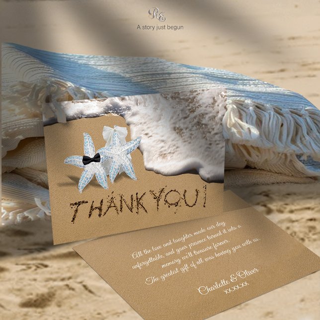 Starfish Beach Wedding Dankeschön Card Dankeskarte (Starfish bride & groom thank you card with carved sand typography, perfect for beach weddings.)
