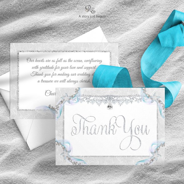 Starfish Beach Wedding Dankeschön Card Dankeskarte (Starfish Beach Thank You Card with silver glitter look and starfish accents, front and back view.)
