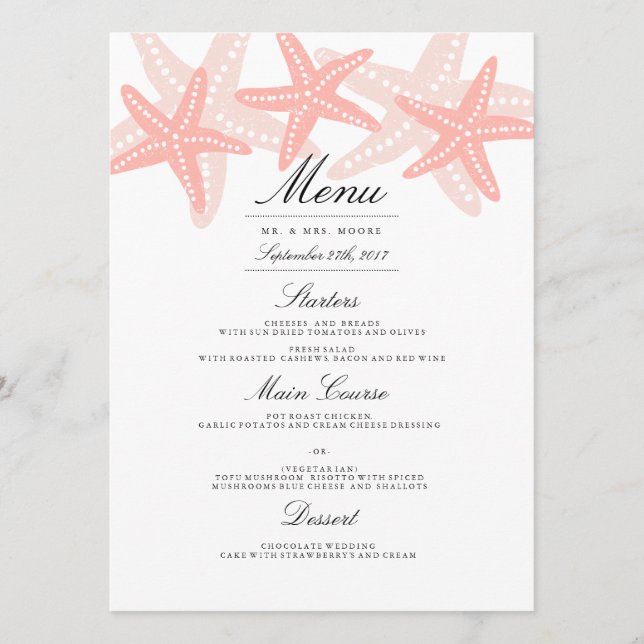 Starfish Beach Wedding Dinner Menu Peach (Devant)