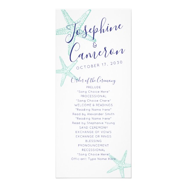 Starfish Beach Wedding Program - Türkis Blue Werbekarte (Vorne)