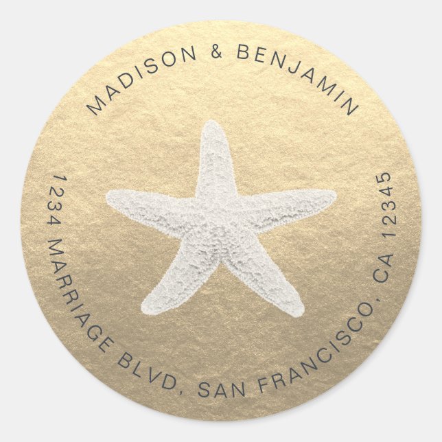 Starfish Beach Wedding Rücksendeadresse Gold Runder Aufkleber (Vorderseite)