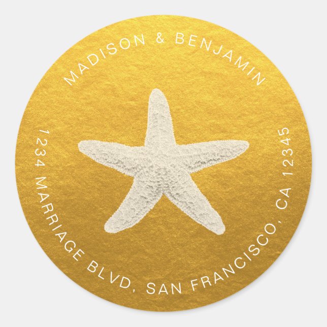 Starfish Beach Wedding Rücksendeadresse Gold Runder Aufkleber (Vorderseite)