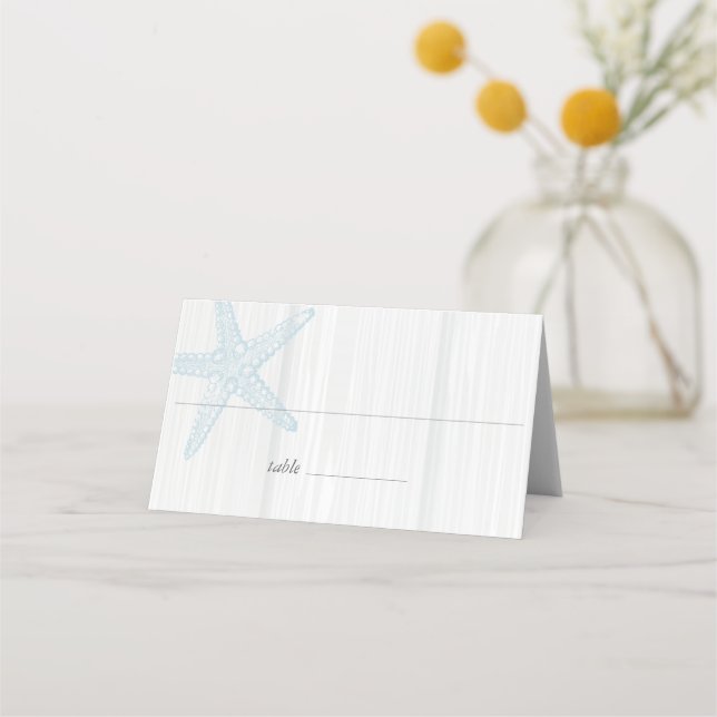 Starfish Beach Wedding Wood Blue geklappt Platzkarte (Vorderseite)