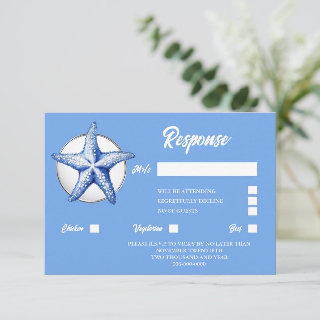 Starfish Blau-Silbermedaille schicke Reaktion RSVP Karte (Stehend Vorderseite)