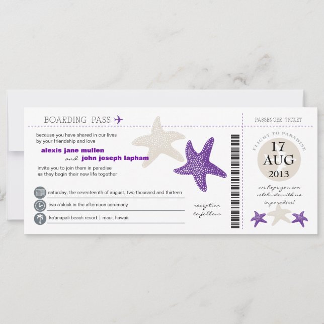 Starfish Boarding Pass Hochzeit Einladung (Vorderseite)