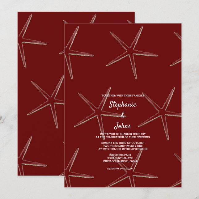 Starfish Burgundy Red Beach Hochzeit in Urlaubsort Einladung (Vorne/Hinten)