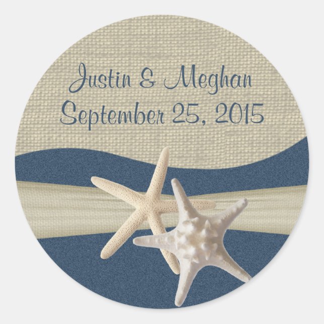 Starfish & Burlap Blue Beach Runder Aufkleber (Vorderseite)