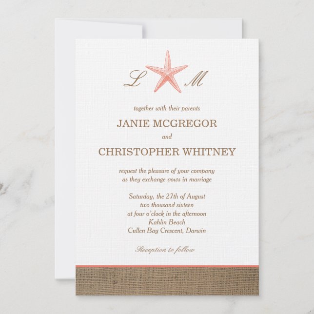 Starfish Burlap Invitations de mariage rustique à  (Devant)
