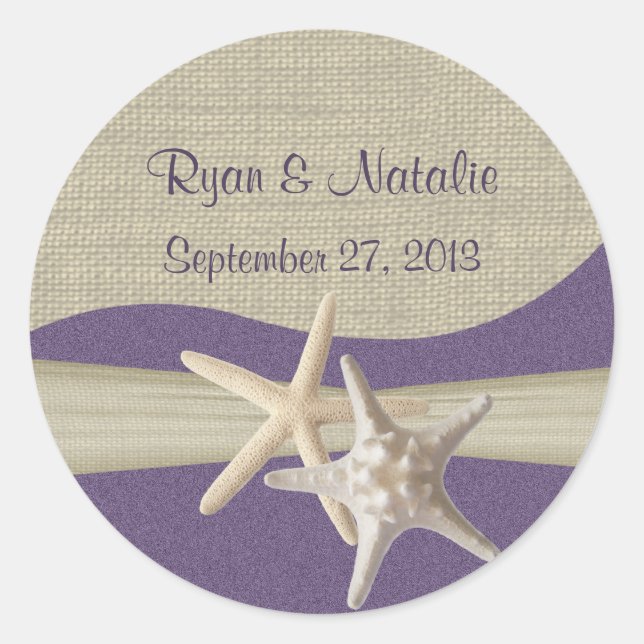 Starfish & Burlap Lila Beach Runder Aufkleber (Vorderseite)