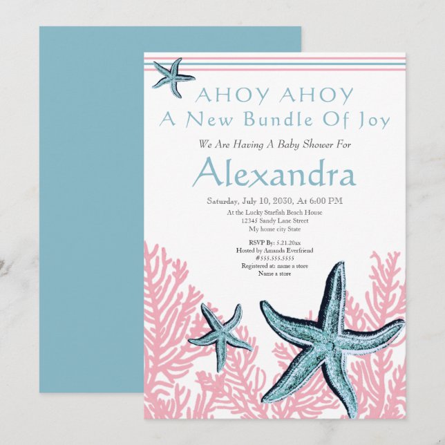 Starfish Coral Baby Dusche Einladung Dusty Blue (Vorne/Hinten)