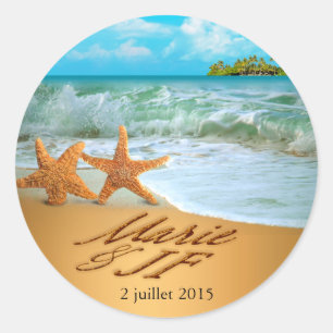 Starfish Couple FRAGTE, IHRE NAMEN IN SAND AUFZUBR Runder Aufkleber
