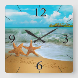 Starfish Couple FRAGTE MICH, NAMEN IN DEN SAND ZU Quadratische Wanduhr