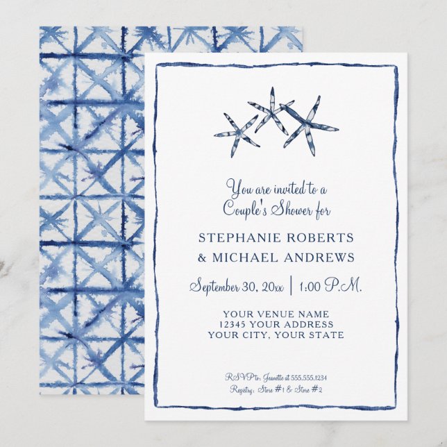 Starfish Couples Dusche Shibori Indigo Blue Beach Einladung (Vorne/Hinten)