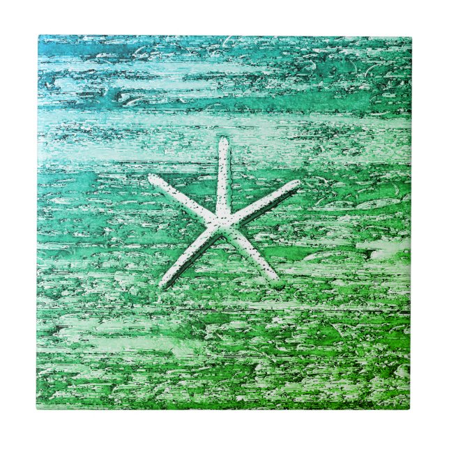 Starfish Driftwood Blue-Green Watercolor Fliese (Vorderseite)