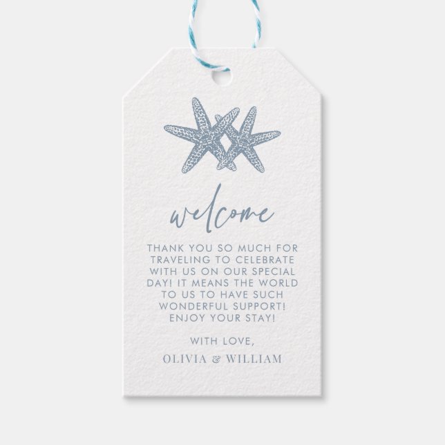 Starfish Dusty Blue Beach Hochzeit Willkommen Geschenkanhänger (Vorderseite)