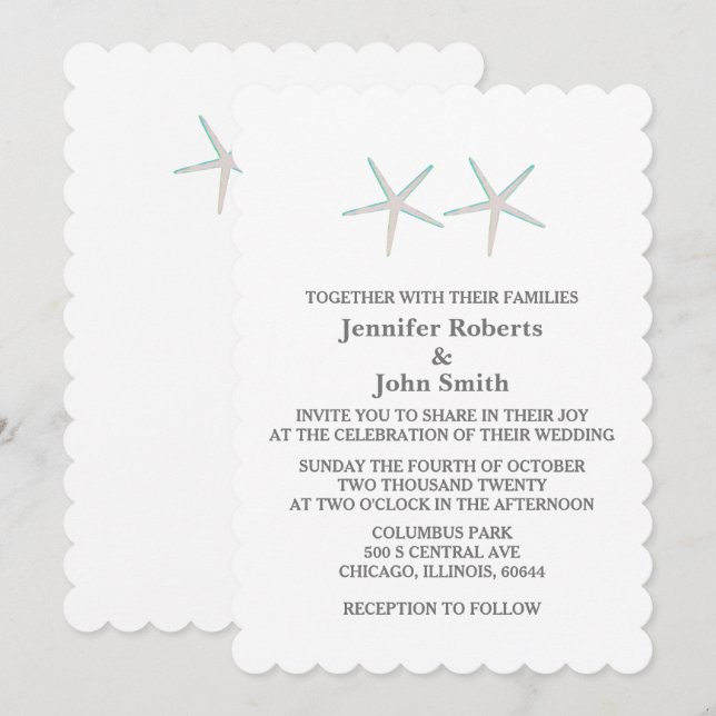Starfish Elegant Aquamarine Hochzeit in Grau Einladung (Vorne/Hinten)